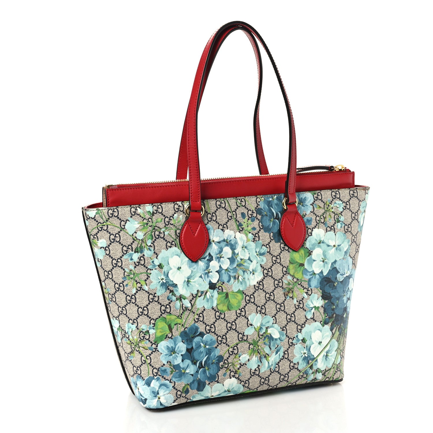 Gucci GG Supreme Monogram Blooms Medium Zippered Bucket Tote Beige Blue Navy Hibiscus Red 3 of 11