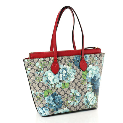 Gucci GG Supreme Monogram Blooms Medium Zippered Bucket Tote Beige Blue Navy Hibiscus Red 3 of 11