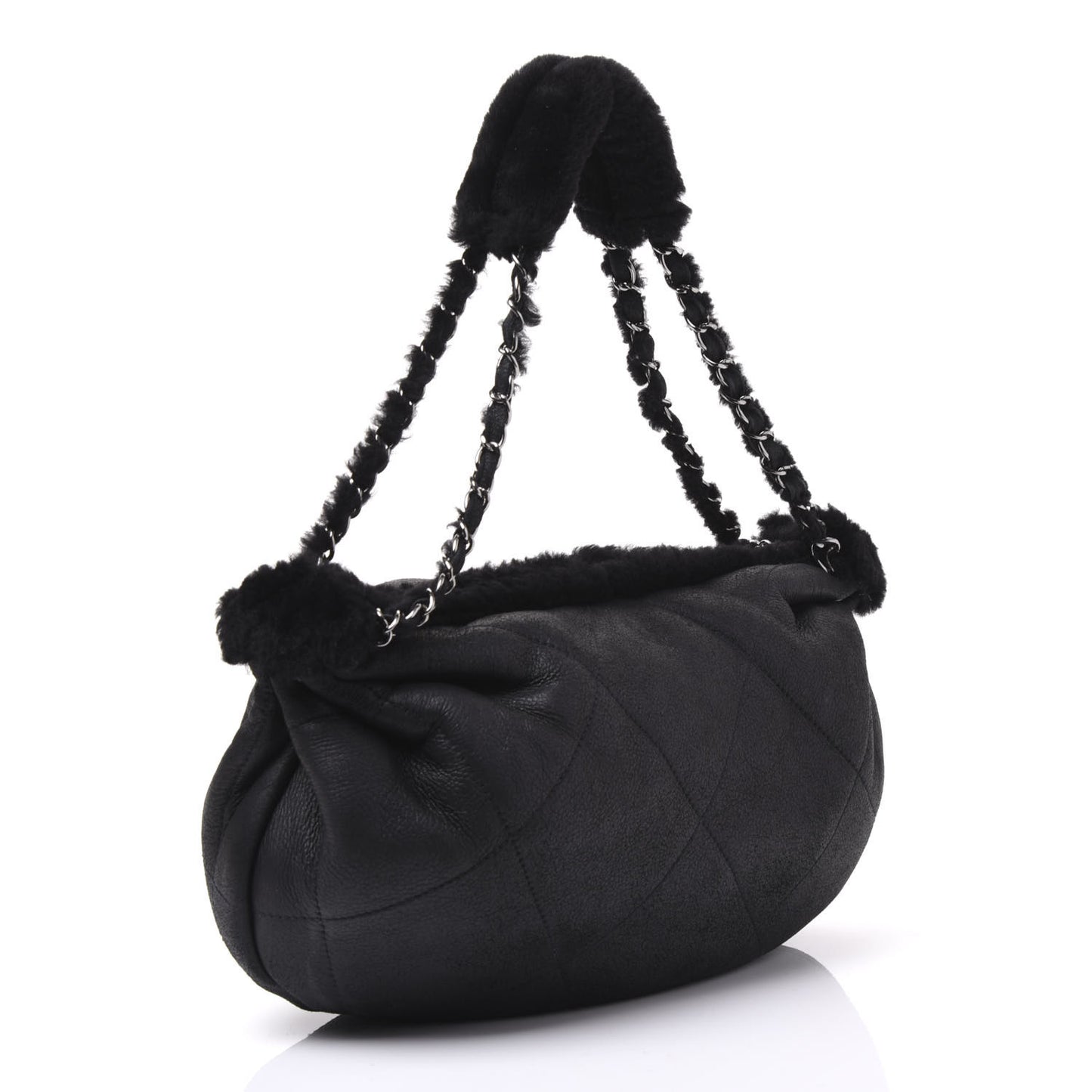 Shearling Suede Lambskin Stitched Hobo Black