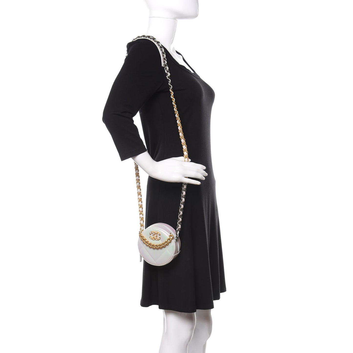 Iridescent Calfskin Quilted Chanel 19 Round Clutch With Chain White