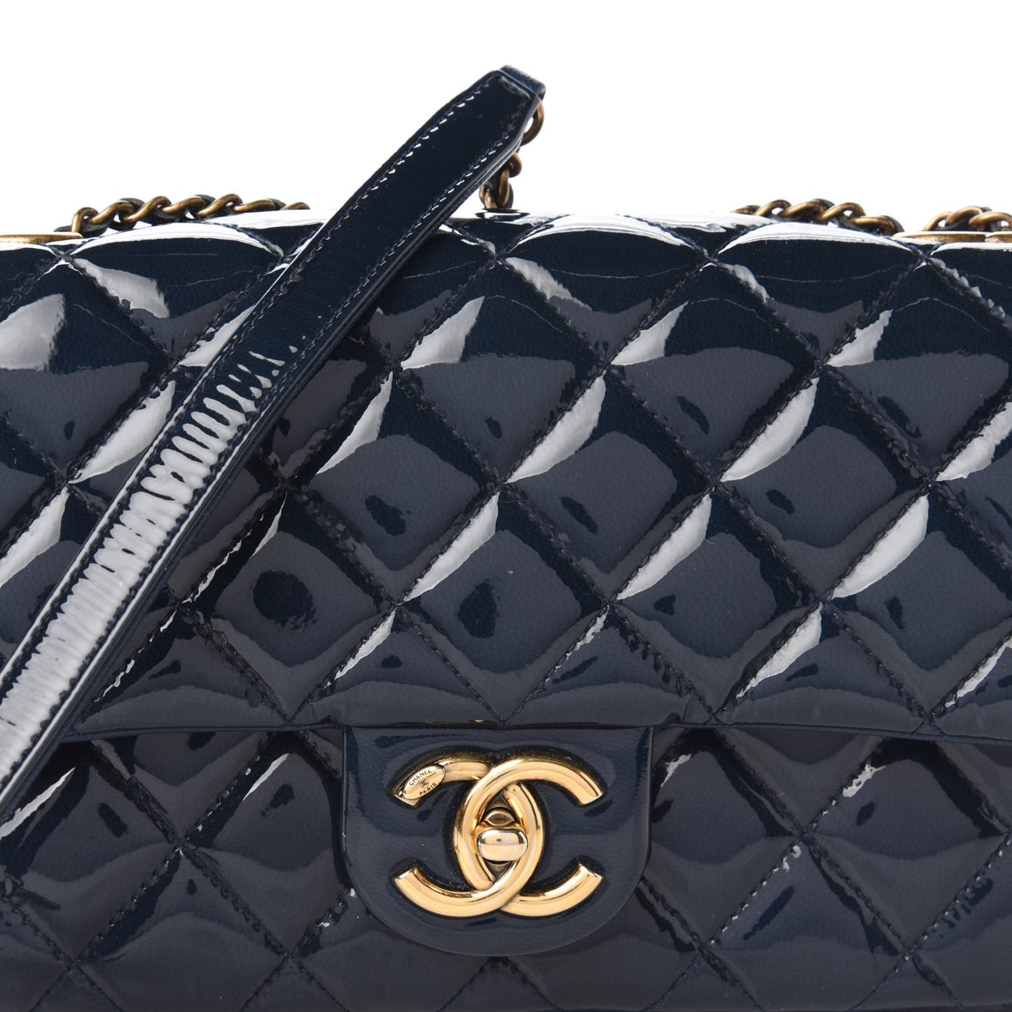 Patent Goatskin Quilted Medium CC Eyelet Flap Blue