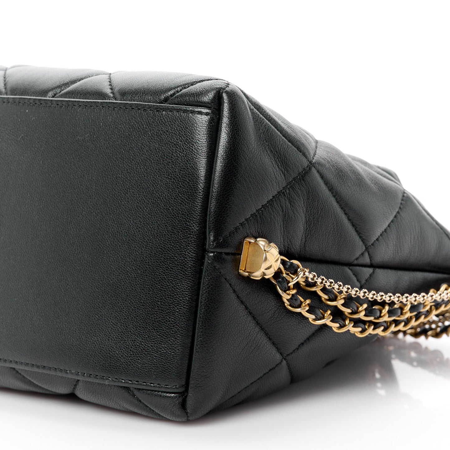 Lambskin Quilted Crush on Chains Drawstring Small Bucket Bag Black