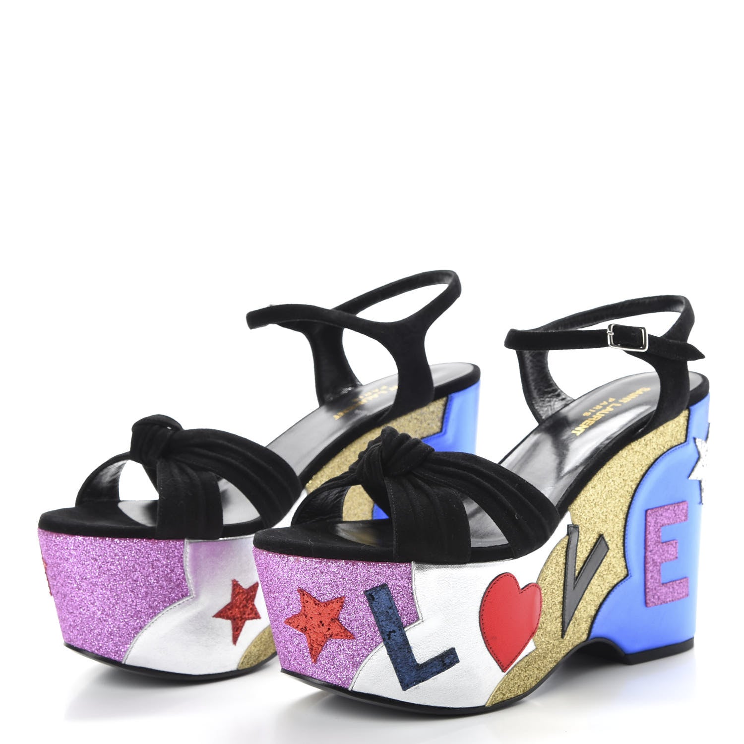Saint Laurent Suede Glitter Calfskin Candy Love Platform Wedge Sandals 40 Black Multicolor 3 of 10