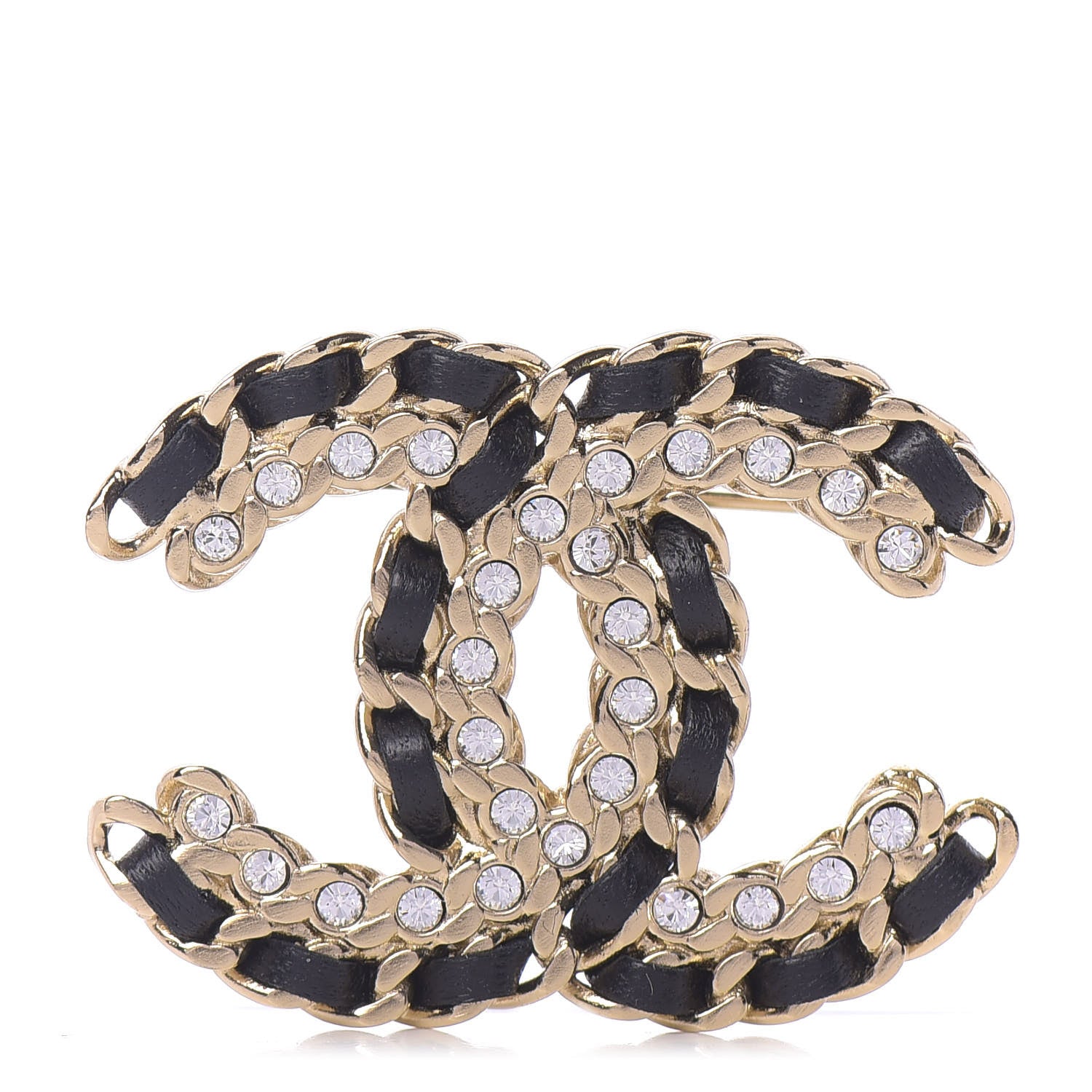 Chanel Lambskin Crystal Vintage Allure CC Chain Brooch Black Gold 1 of 5