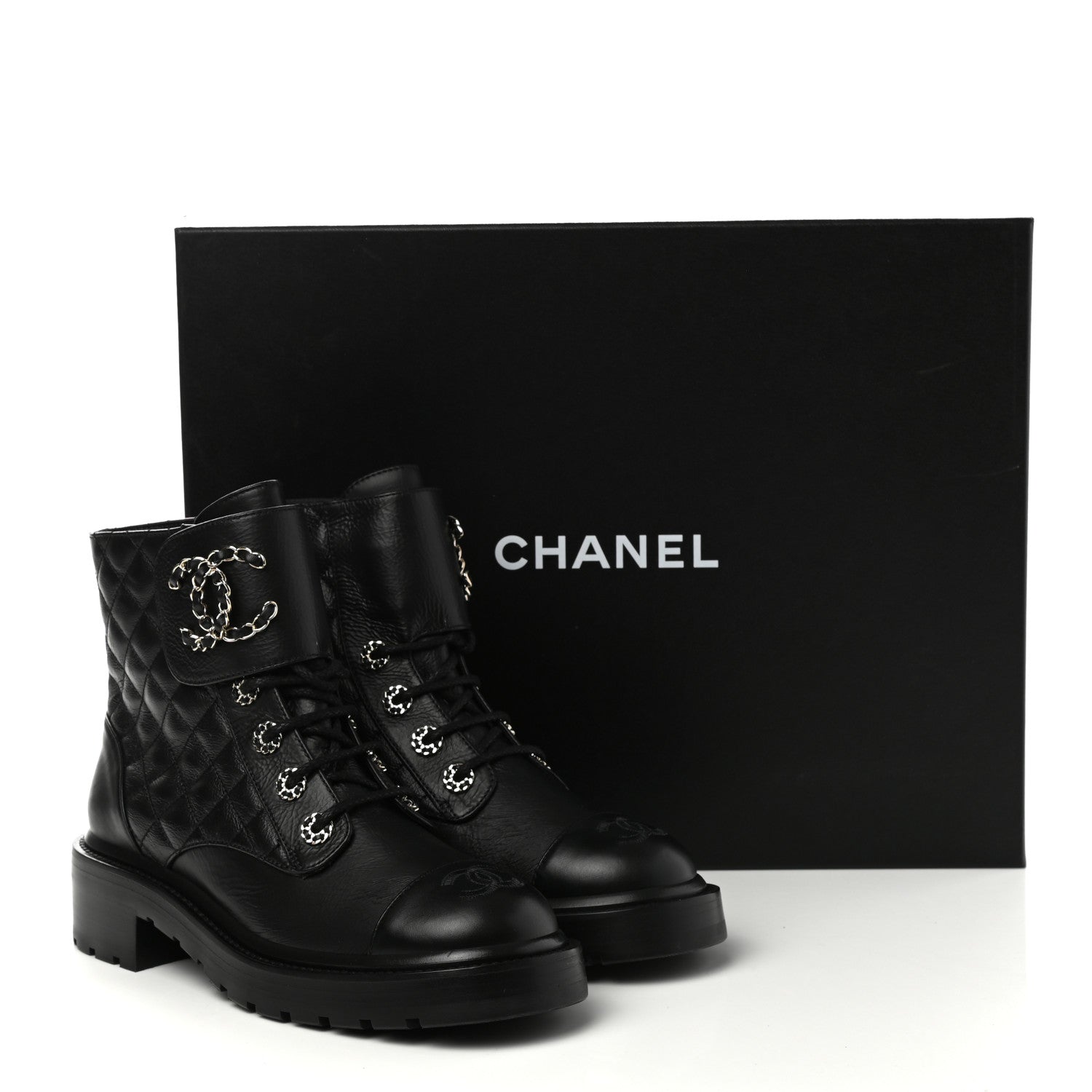Chanel Shiny Calfskin Quilted Lace Up Combat Boots 38 Black 8 of 8