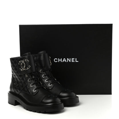 Chanel Shiny Calfskin Quilted Lace Up Combat Boots 38 Black 8 of 8