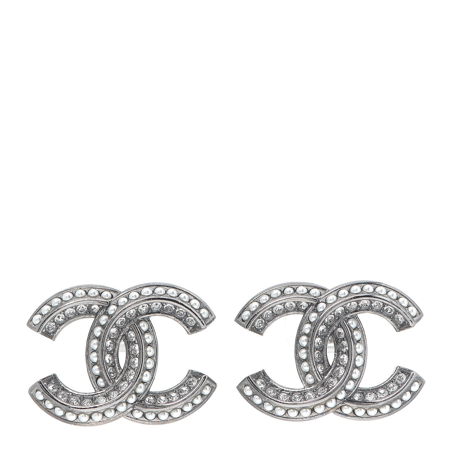 Chanel Pearl Crystal CC Earrings Silver 1 of 3