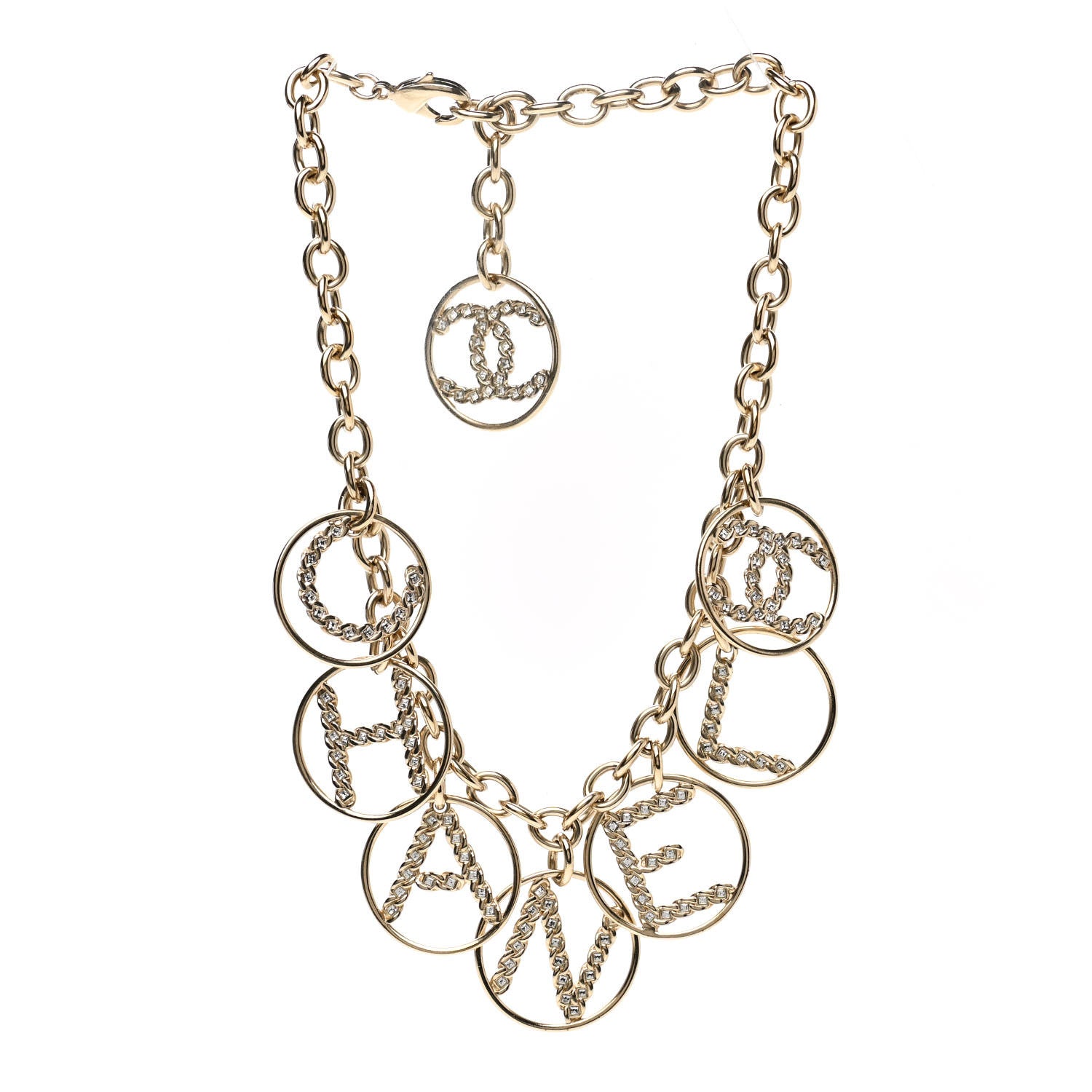 Chanel Metal Strass Crystal Logo Necklace Gold 3 of 4