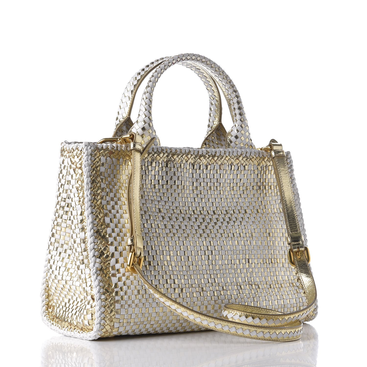 Prada Goatskin Woven Small Tote White Gold 2 of 9