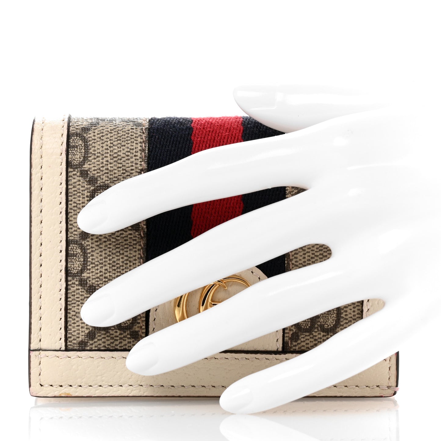 GG Supreme Monogram Textured Dollar Calfskin Web Ophidia Card Case Beige Ebony Mystic White