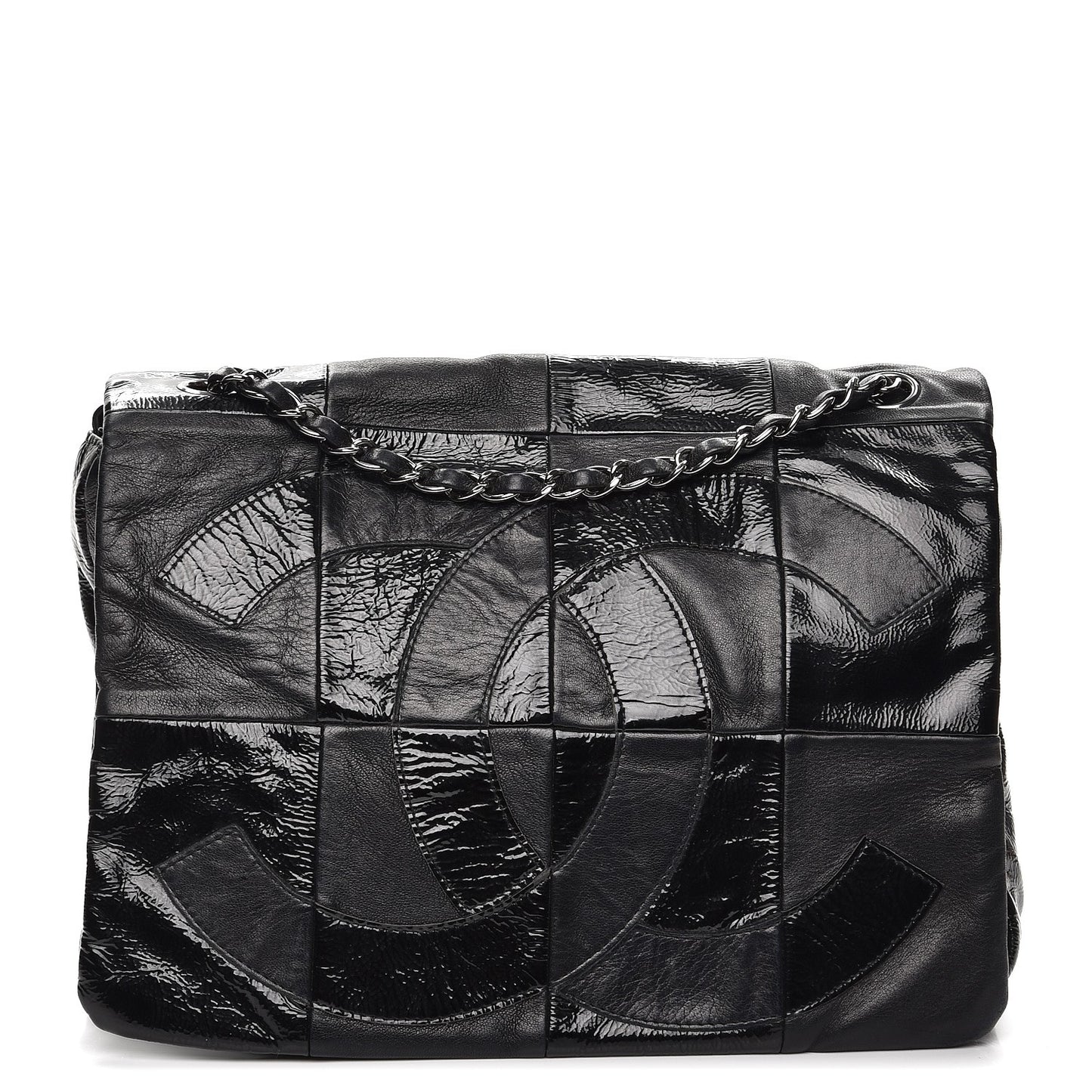 Lambskin Patent Calfskin Brooklyn Patchwork Flap Black