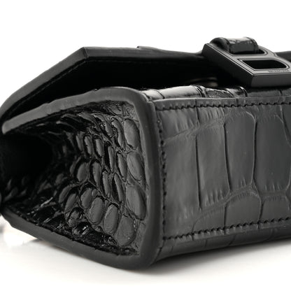 Balenciaga Shiny Calfskin Monochrome Crocodile Embossed Hourglass Top Handle Bag Mini with Chain Black 10 of 11