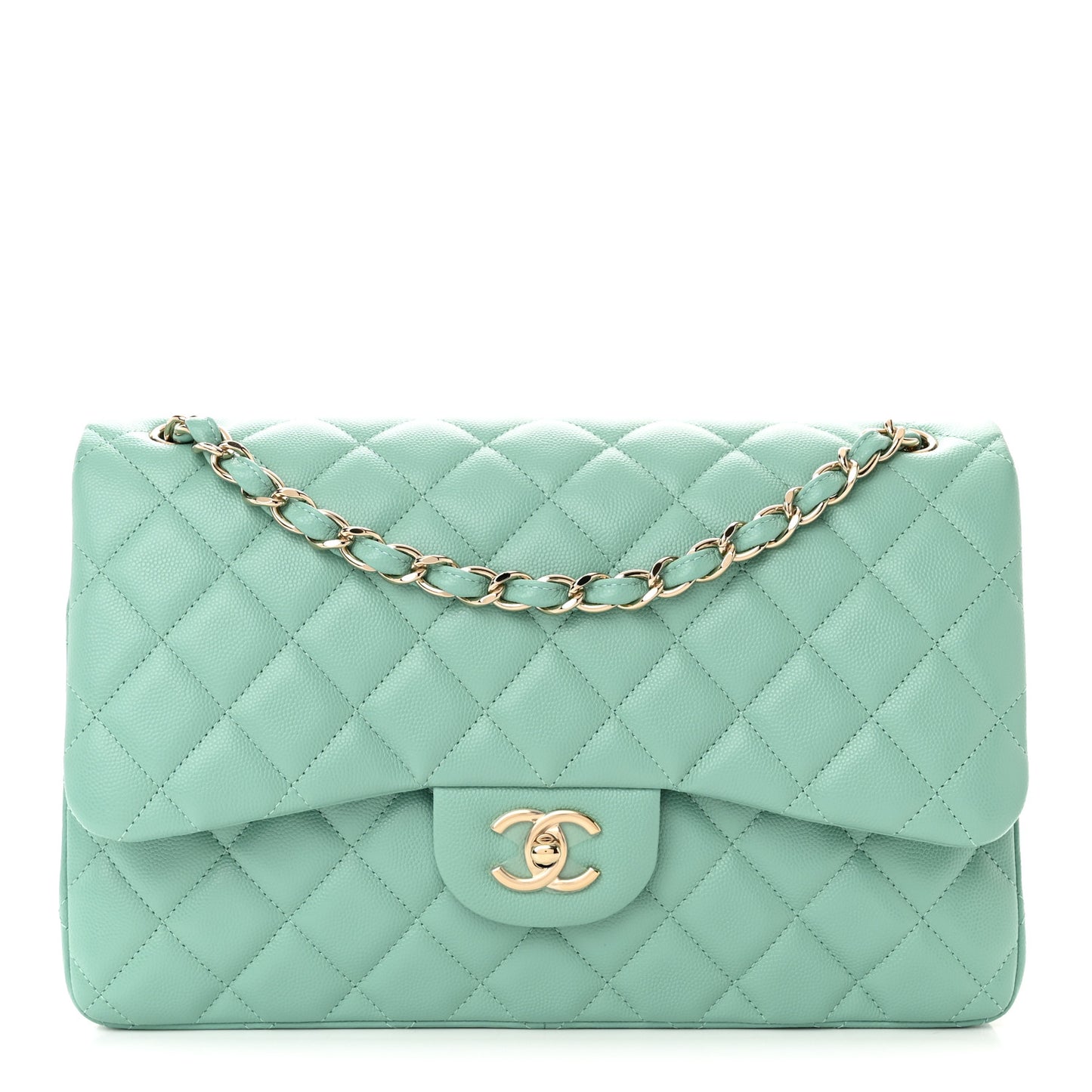 Caviar Quilted Jumbo Double Flap Light Green