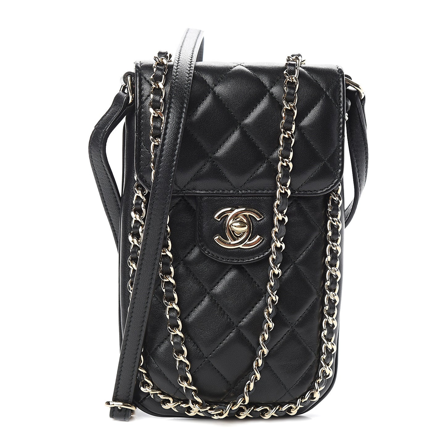 Lambskin Quilted Chain Around Flap Crossbody Black