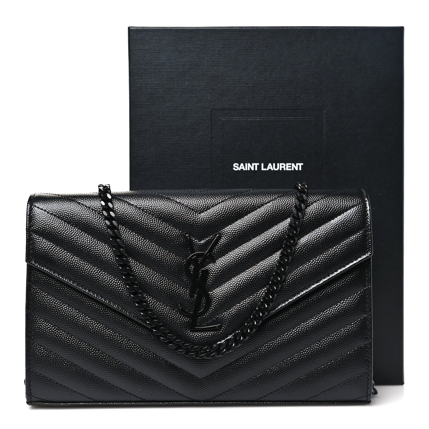 Saint Laurent Grain De Poudre Matelasse Chevron Monogram Monochrome Chain Wallet Black 11 of 11