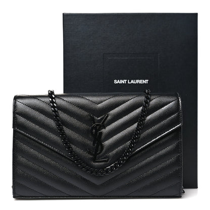 Saint Laurent Grain De Poudre Matelasse Chevron Monogram Monochrome Chain Wallet Black 11 of 11