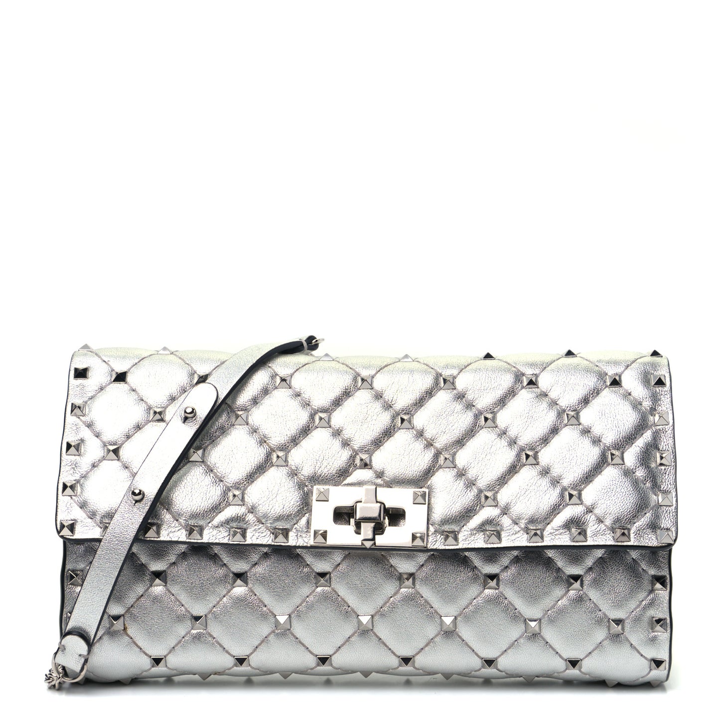 Metallic Lambskin Rockstud Spike Wallet on Chain Silver