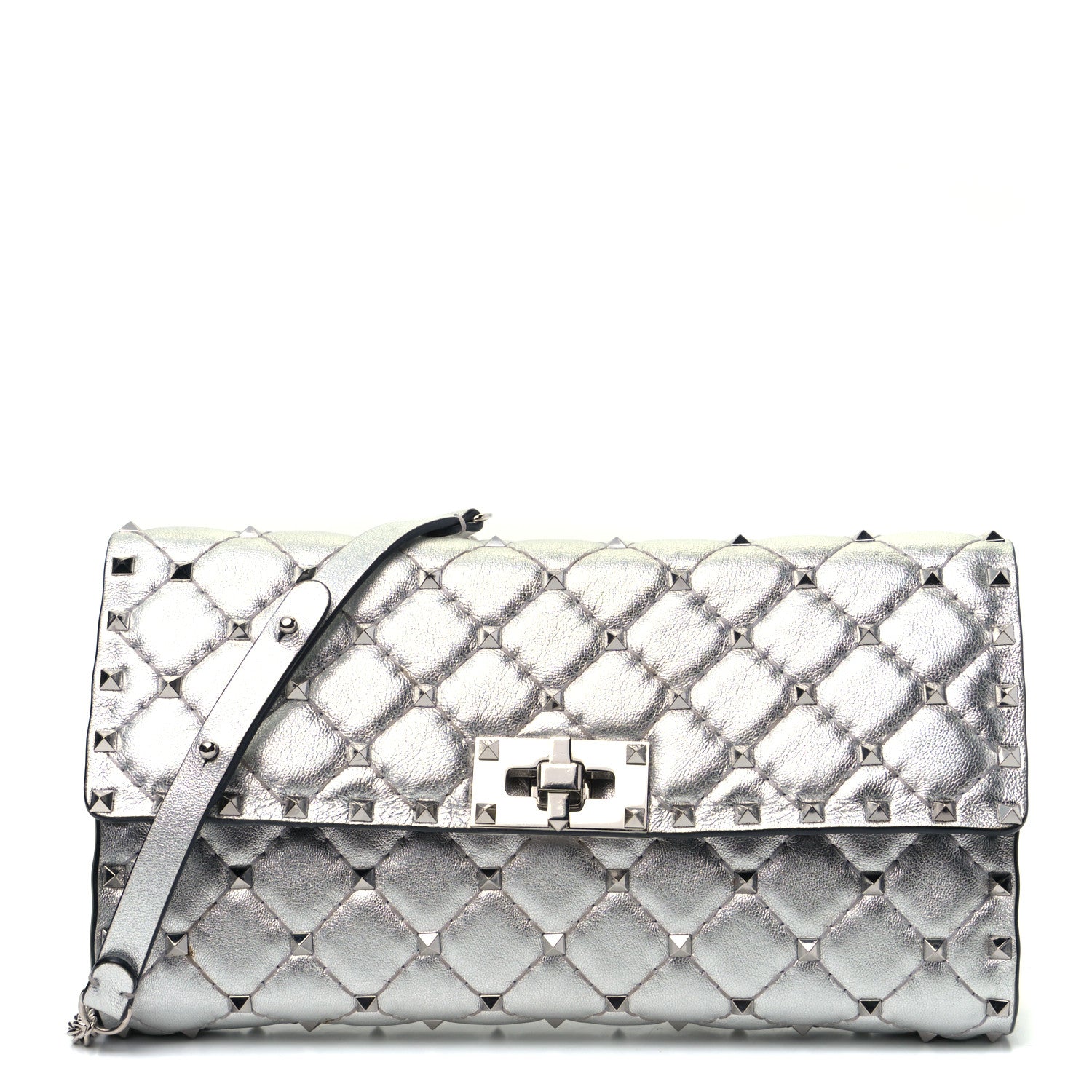 Valentino Garavani Metallic Lambskin Rockstud Spike Wallet on Chain Silver 1 of 5