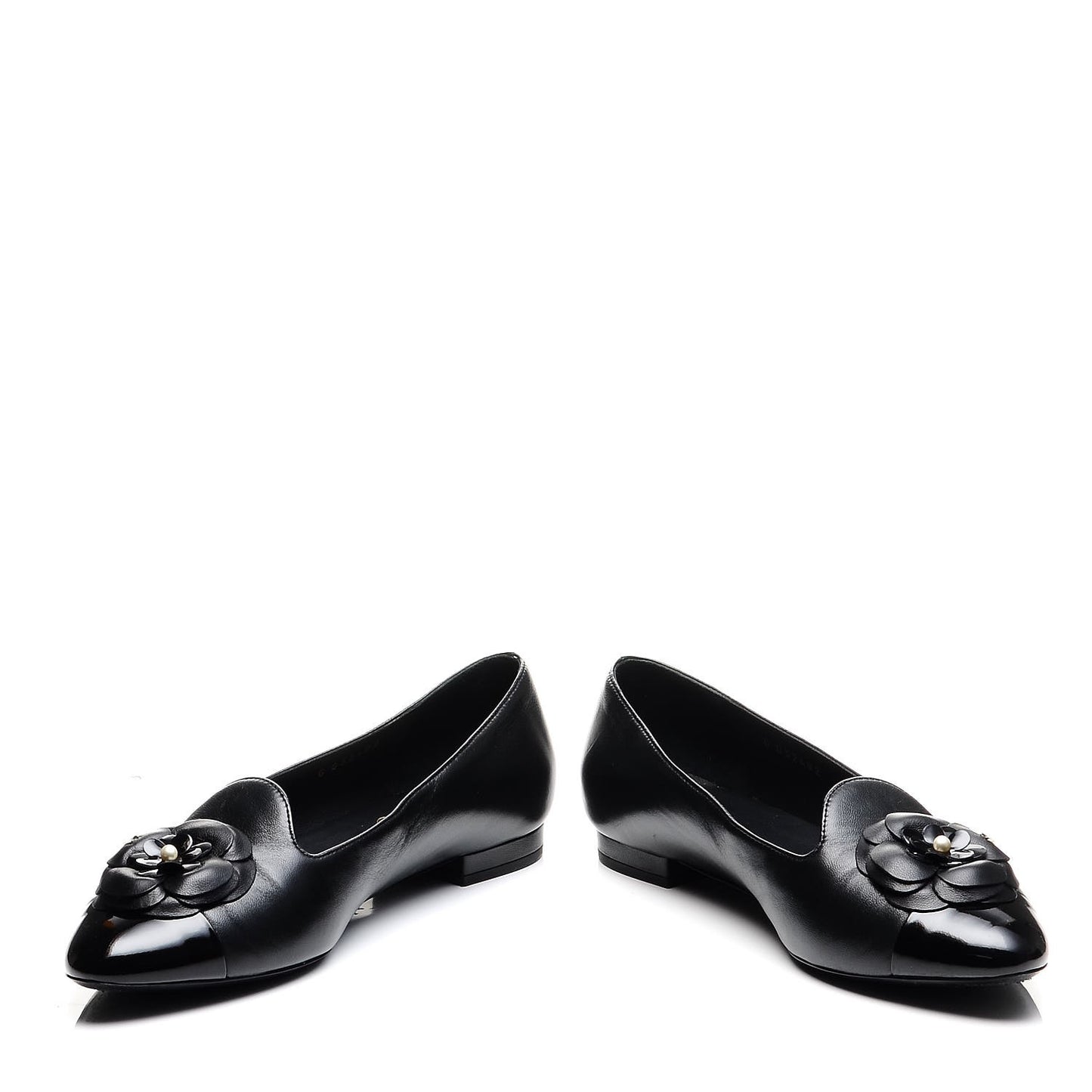Lambskin Patent Calfskin Camellia Cap Toe Loafers 38 Black