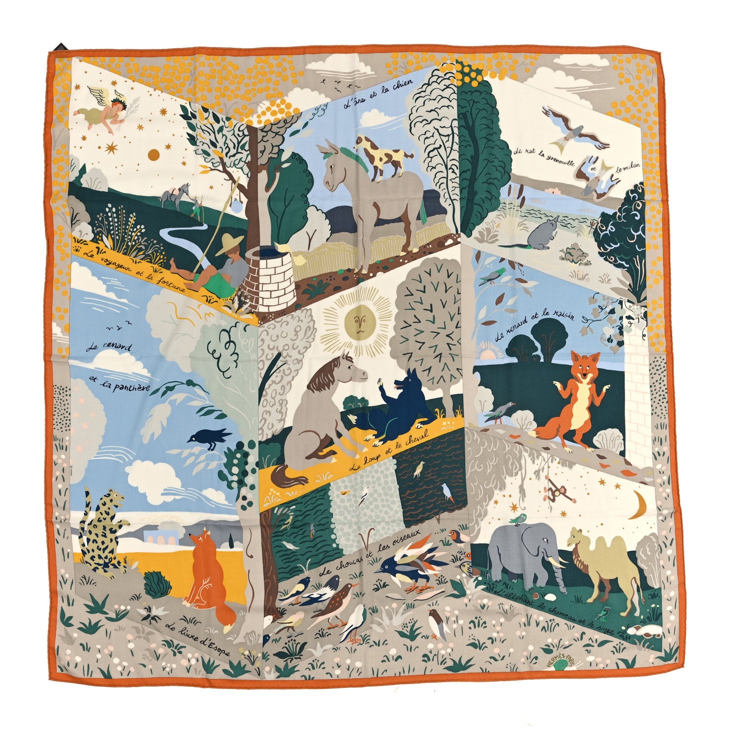 Hermes Cashmere Silk Le Livre D'Esope Shawl 140 Orange Vert Bleu Ciel 1 of 3