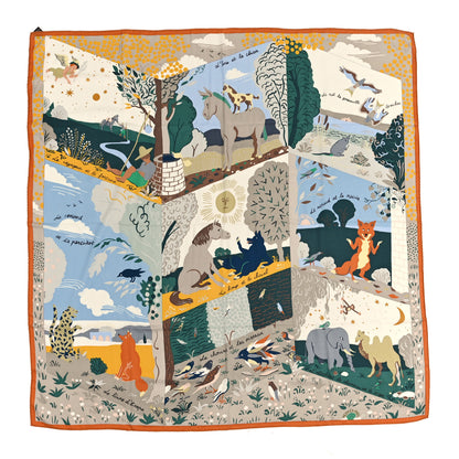 Hermes Cashmere Silk Le Livre D'Esope Shawl 140 Orange Vert Bleu Ciel 1 of 3