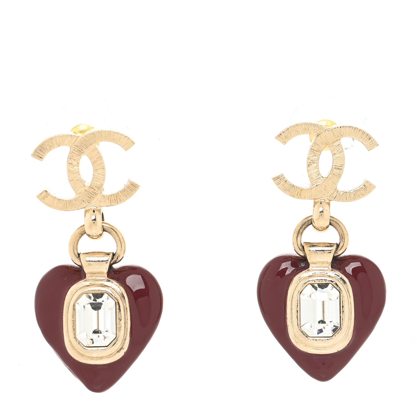 Resin Crystal CC Heart Drop Earrings Red Gold