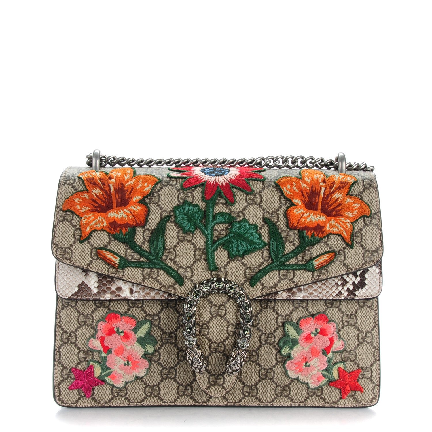 Gucci GG Supreme Monogram Python Flower Embroidered Medium Dionysus Shoulder Bag Beige Orange 1 of 7