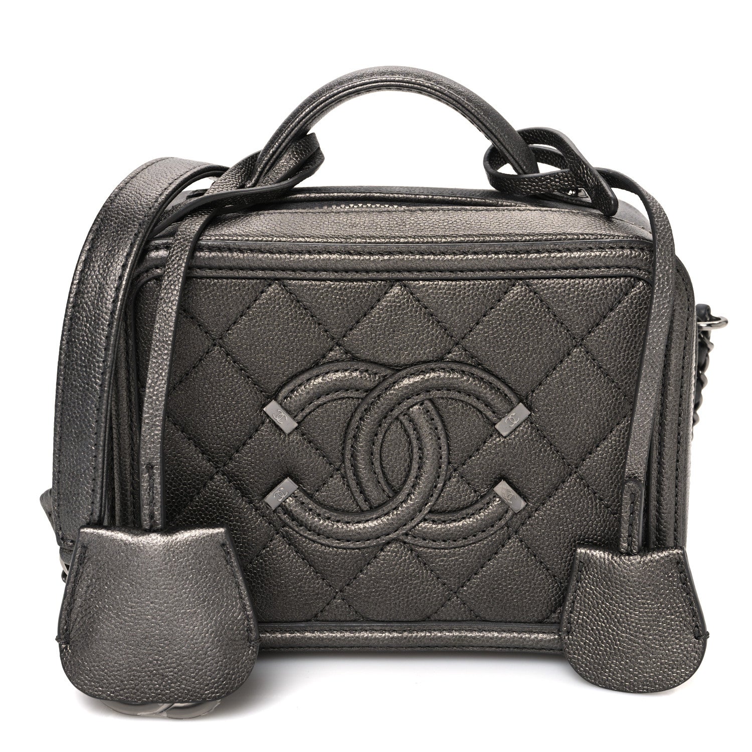 Chanel Metallic Caviar Quilted Small CC Filigree Vanity Case Dark Silver 1 of 10