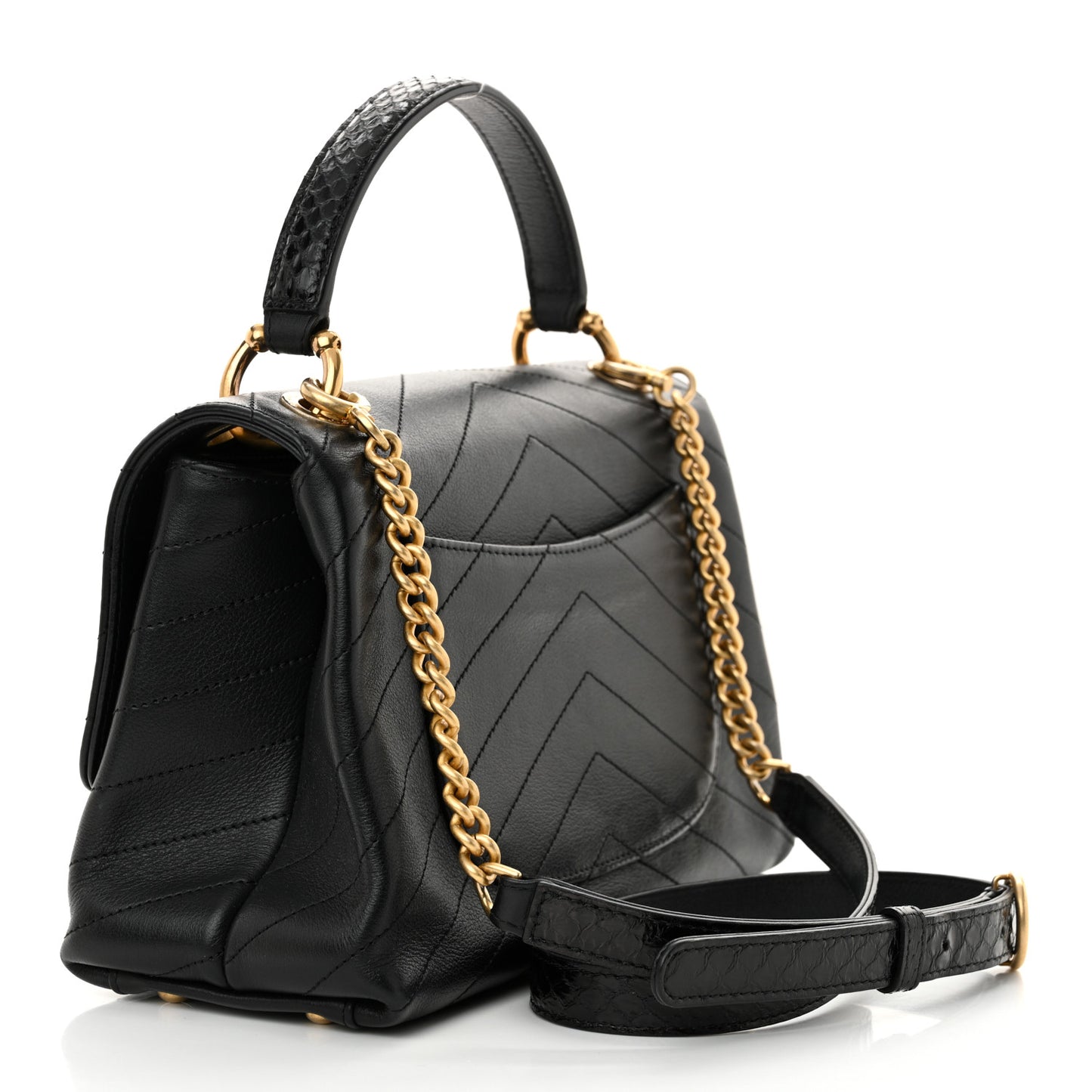 Grained Calfskin Snakeskin Small Chevron Chic Top Handle Flap Black