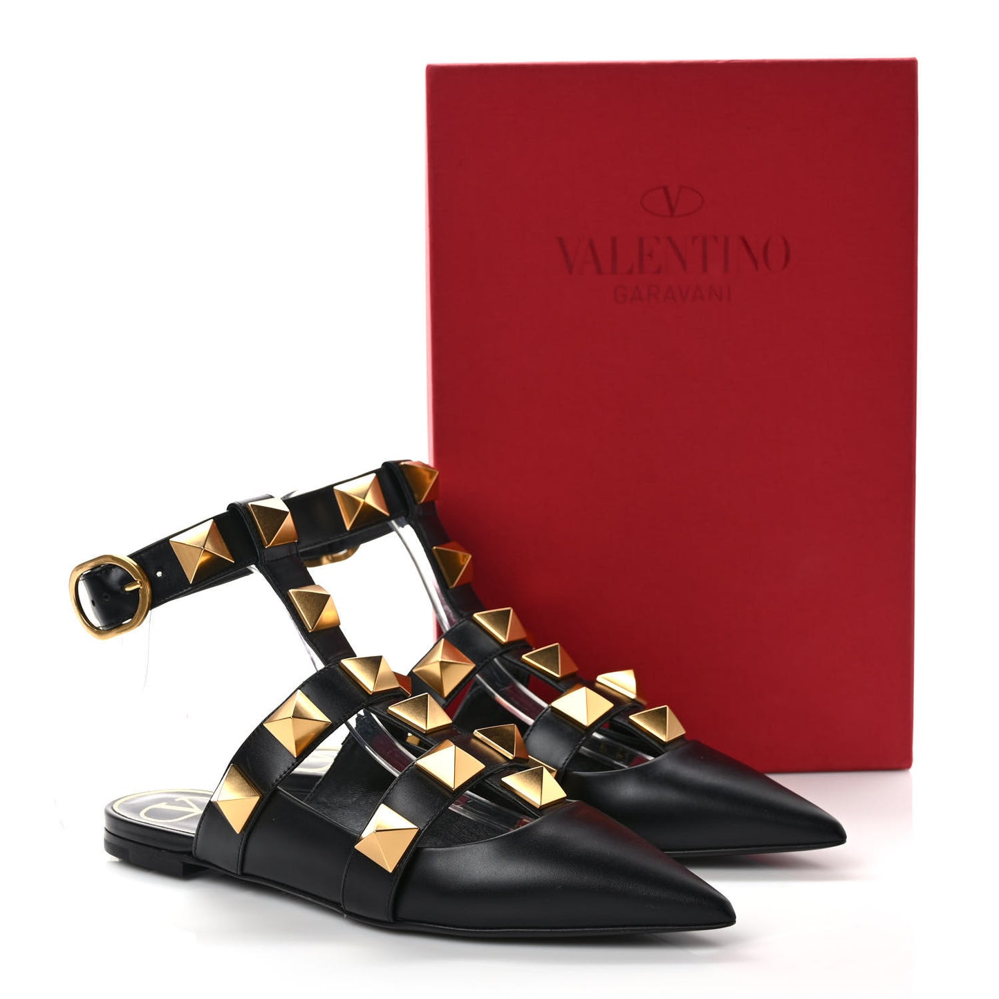 Calfskin Roman Stud Ankle Strap Flat Mules 37 Black
