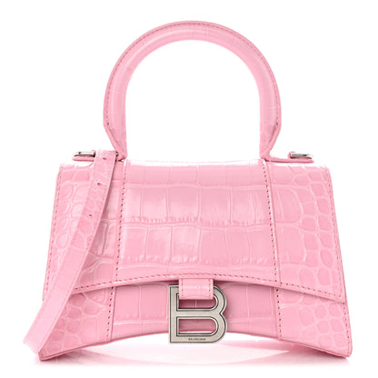Balenciaga Shiny Calfskin Crocodile Embossed Hourglass Top Handle Bag XS Candy Pink 1 of 12