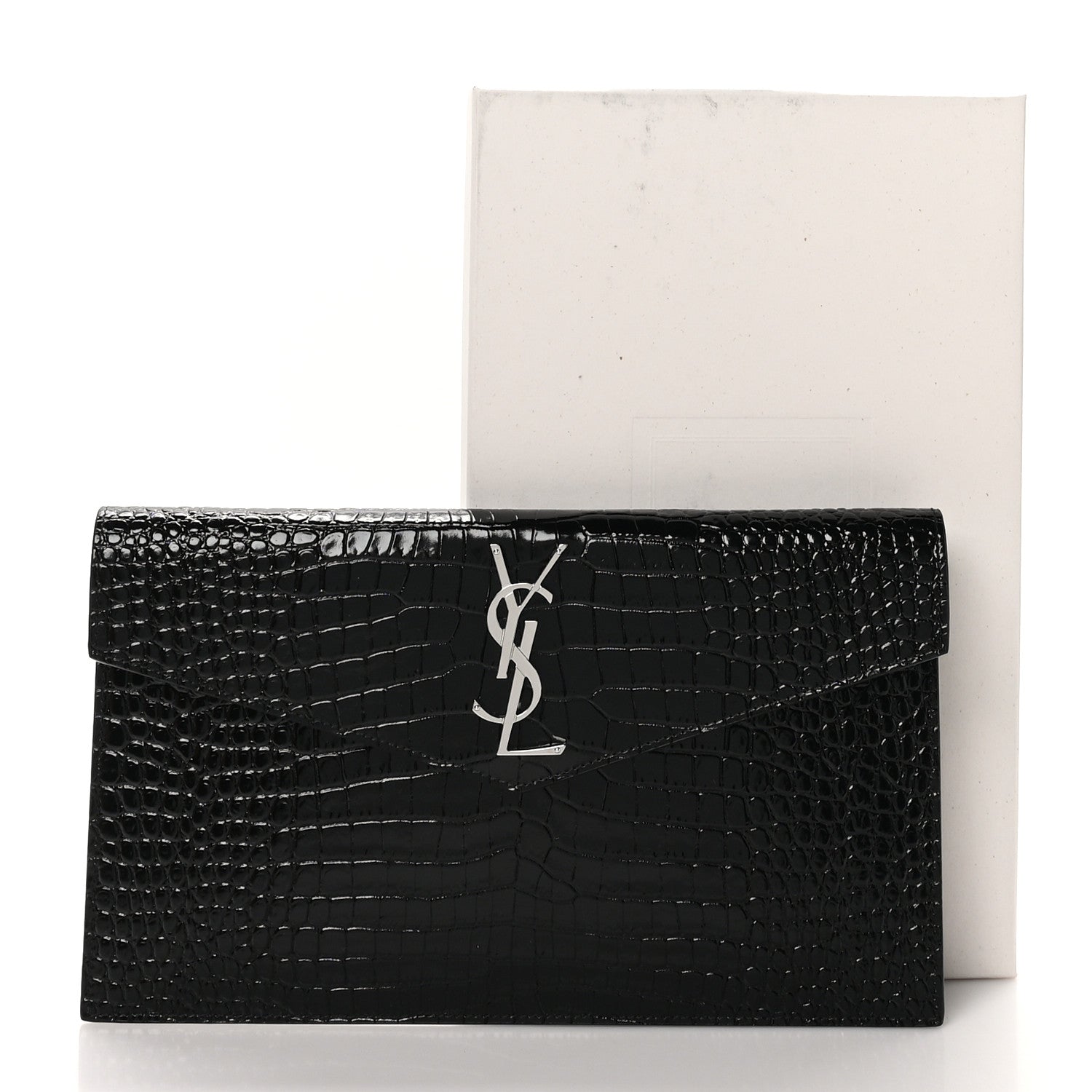 Saint Laurent Calfskin Crocodile Embossed Uptown Monogram Pouch Black 7 of 7