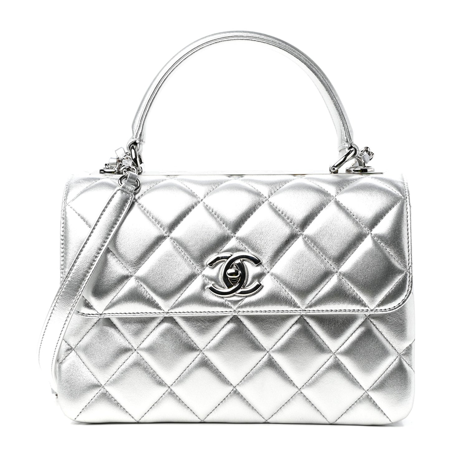Metallic Lambskin Quilted Small Trendy CC Flap Dual Handle Bag Silver