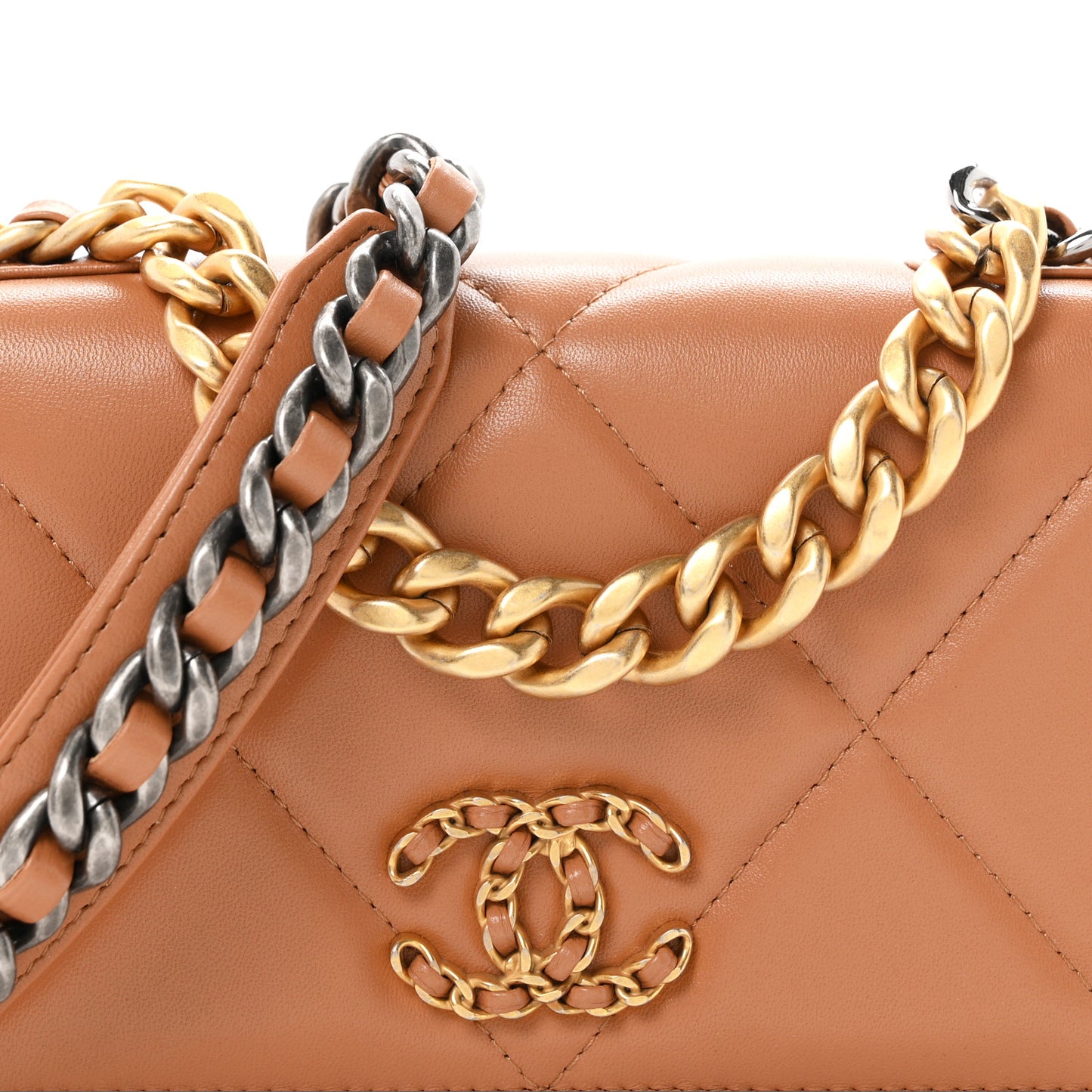 Lambskin Quilted Chanel 19 Wallet On Chain WOC Brown