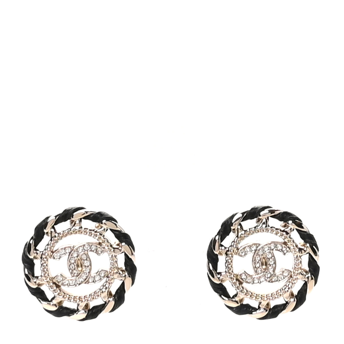 Chanel Crystal Lambskin Chain CC Stud Earrings Black Gold 1 of 5