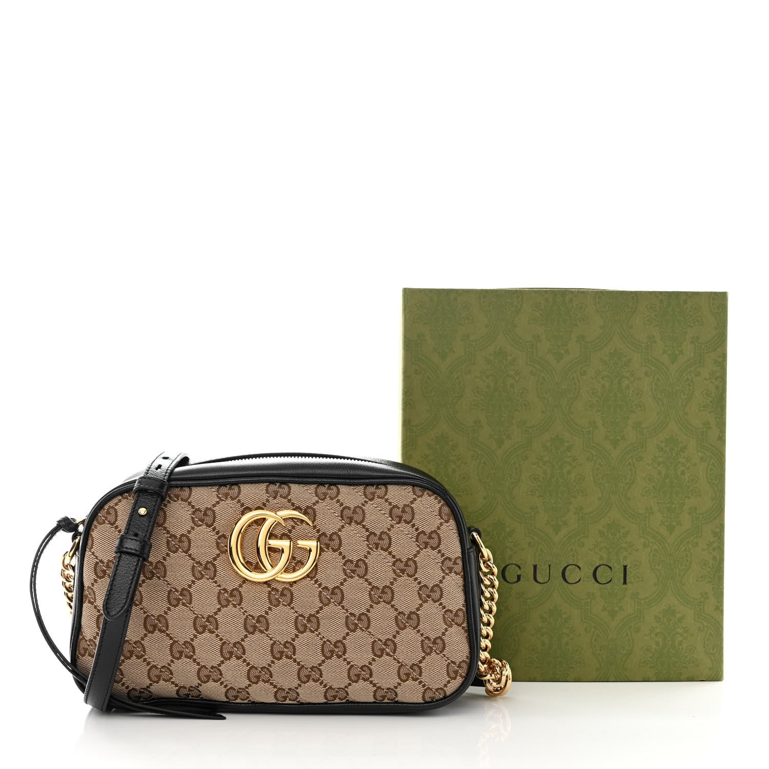 Gucci Monogram Matelasse Diagonal Small GG Marmont Chain Shoulder Bag Beige Black 11 of 11