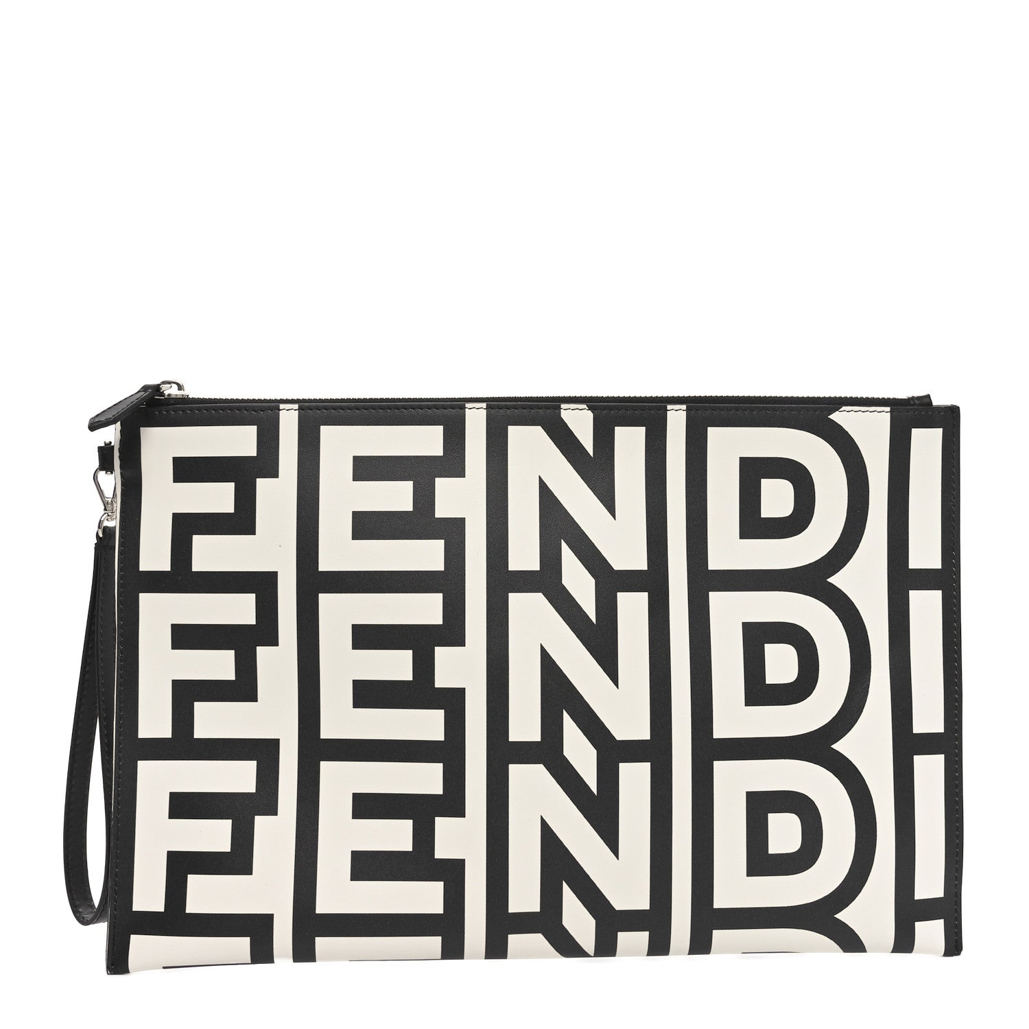 Fendi X MARC JACOBS Nappa Vitello King Logo Print Large Flat Pouch Black White 1 of 8