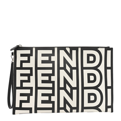 Fendi X MARC JACOBS Nappa Vitello King Logo Print Large Flat Pouch Black White 1 of 8