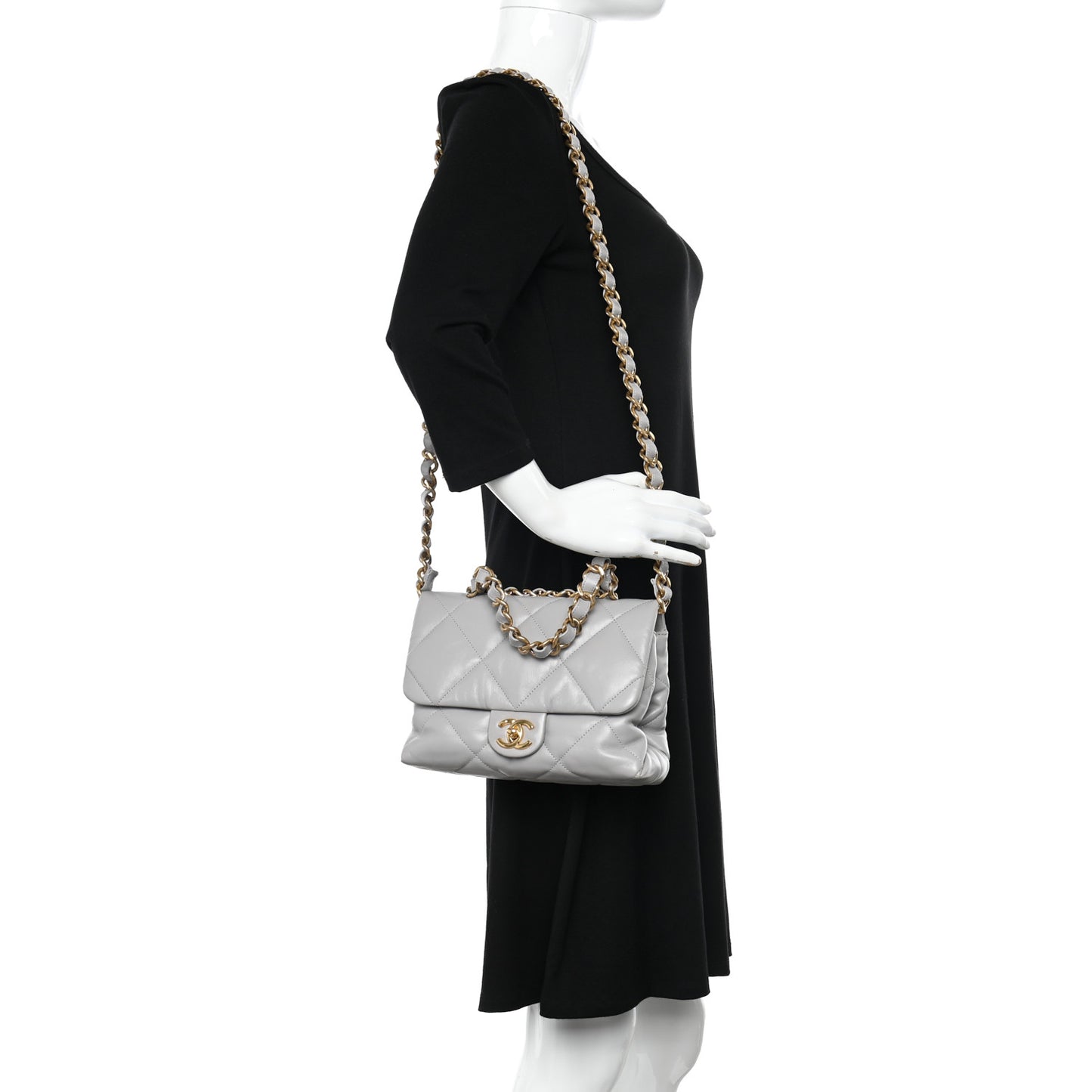 Lambskin Quilted Chain Top Handle Flap Light Grey