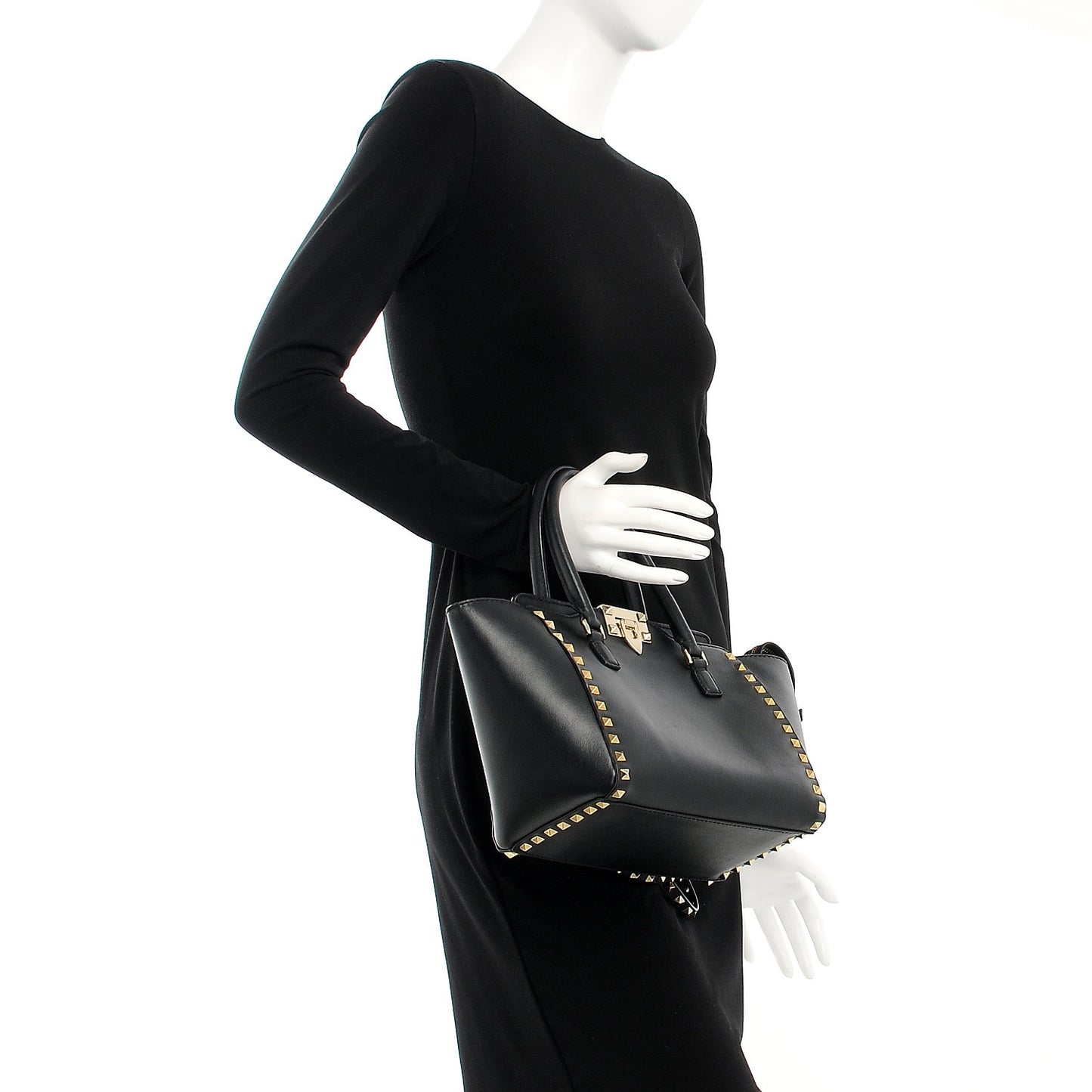 Vitello Small Rockstud Double Handle Tote Black