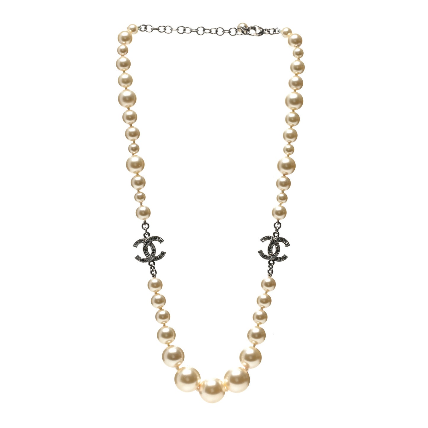 Pearl Crystal Baguette CC Short Necklace Silver