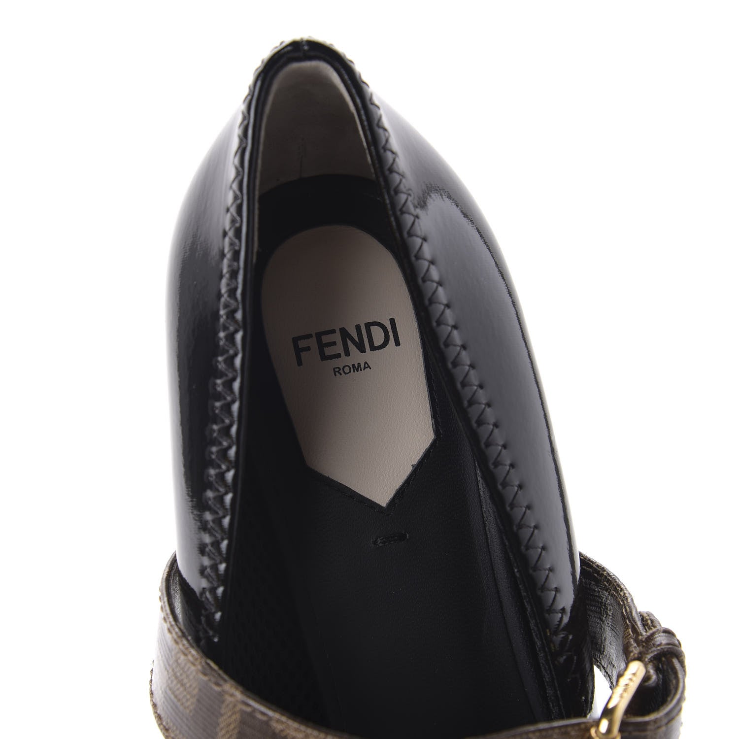 Fendi Glossy Neoprene Glazed Fabric FF FFrame Court Mary Jane Pumps 38.5 Black Tobacco Moro 7 of 8