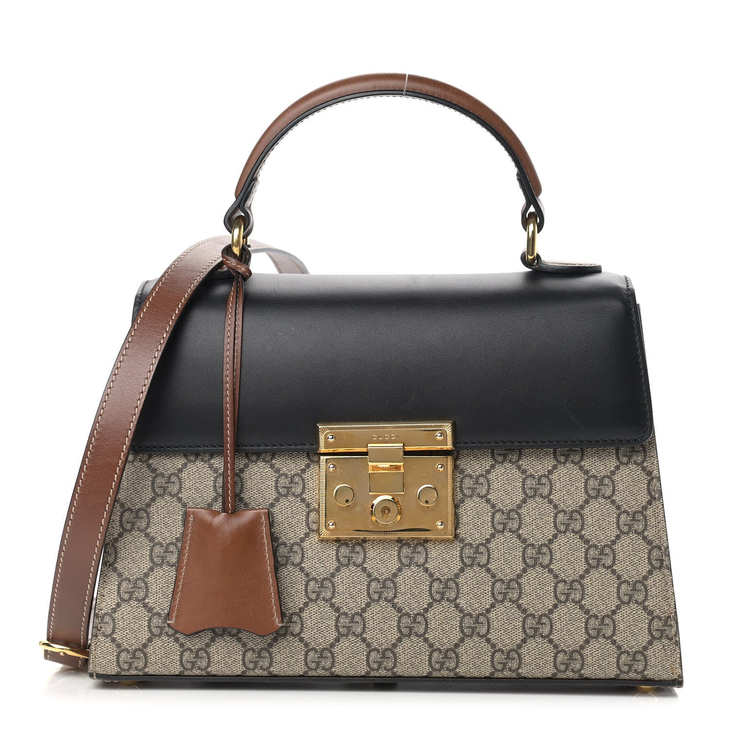 Gucci GG Supreme Monogram Calfskin Small Padlock Top Handle Bag Beige Black Cuir 1 of 17