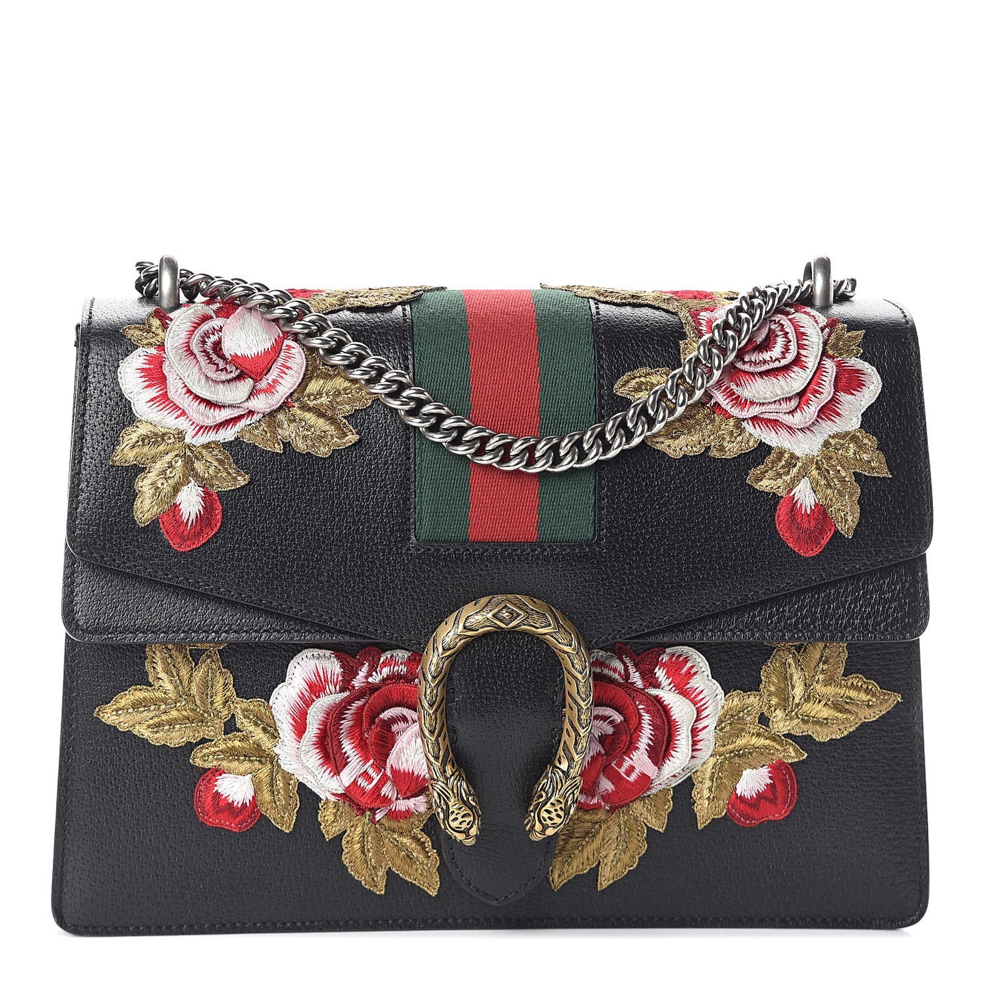 Calfskin Web Floral Embroidered Medium Dionysus Shoulder Bag Black