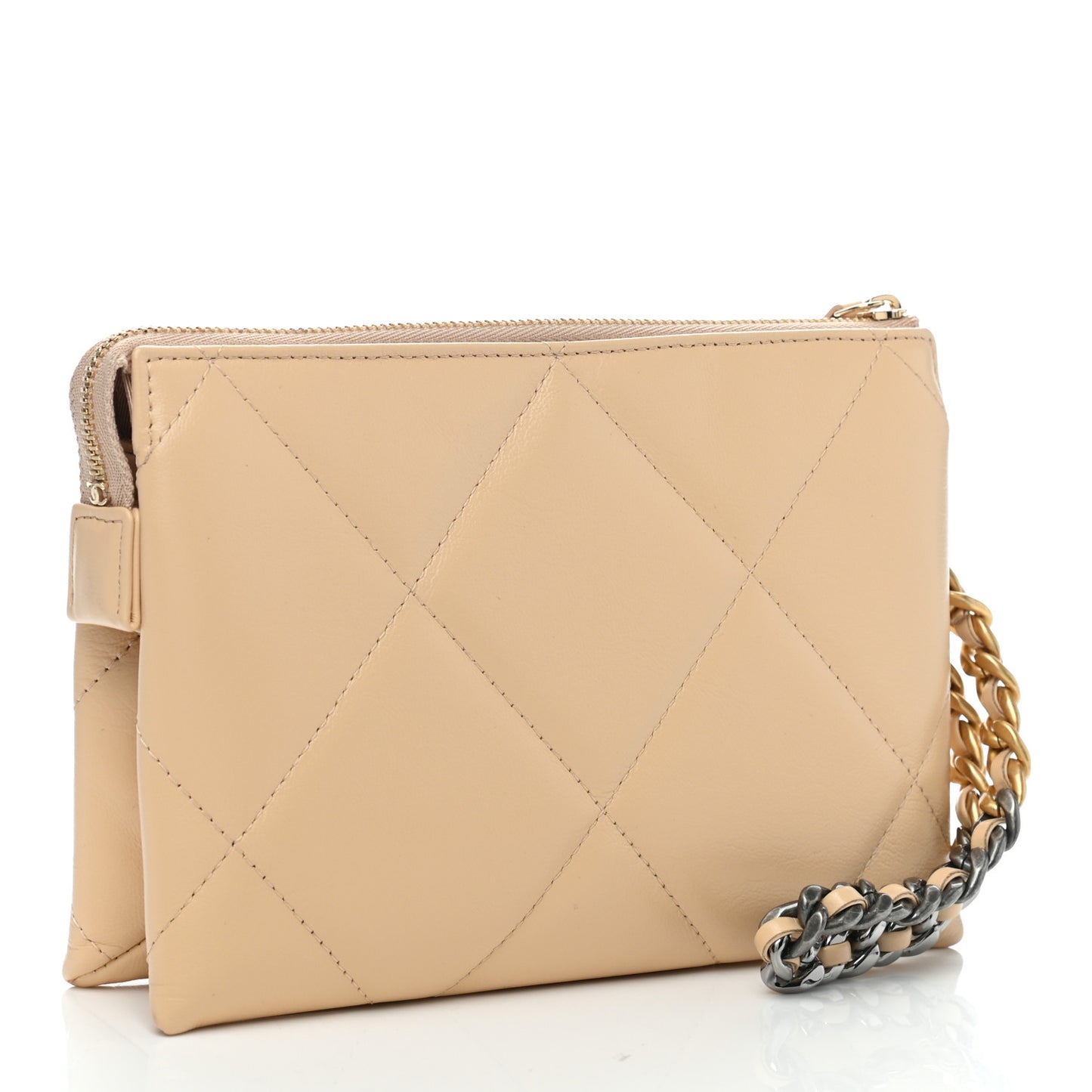 Shiny Goatskin Quilted Chanel 19 Small Pouch With Handle Beige
