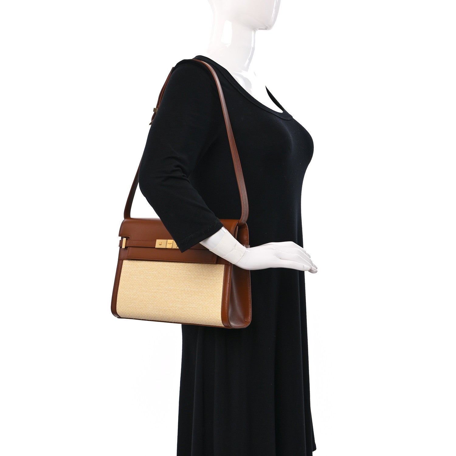 Saint Laurent Raffia Calfskin Manhattan Shoulder Bag Natural Brick 2 of 8