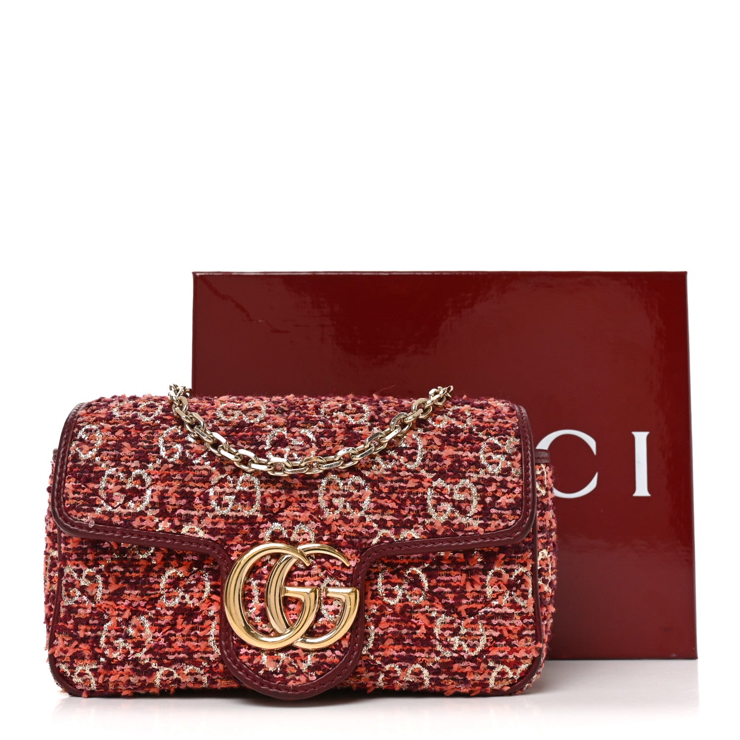 Gucci Tweed GG Monogram Mini GG Marmont Shoulder Bag Pink Red 11 of 12