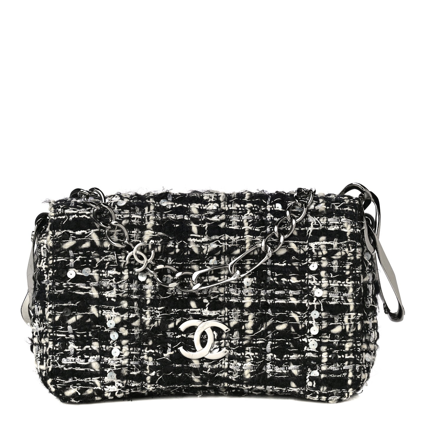 Sequin Tweed Single Flap Ecru Black