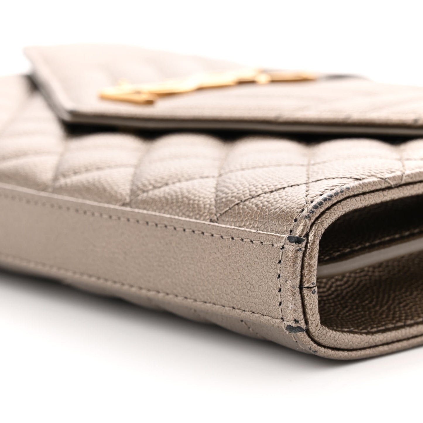 Metallic Grain De Poudre Mixed Matelasse Triquilt Monogram Chain Wallet Piombo