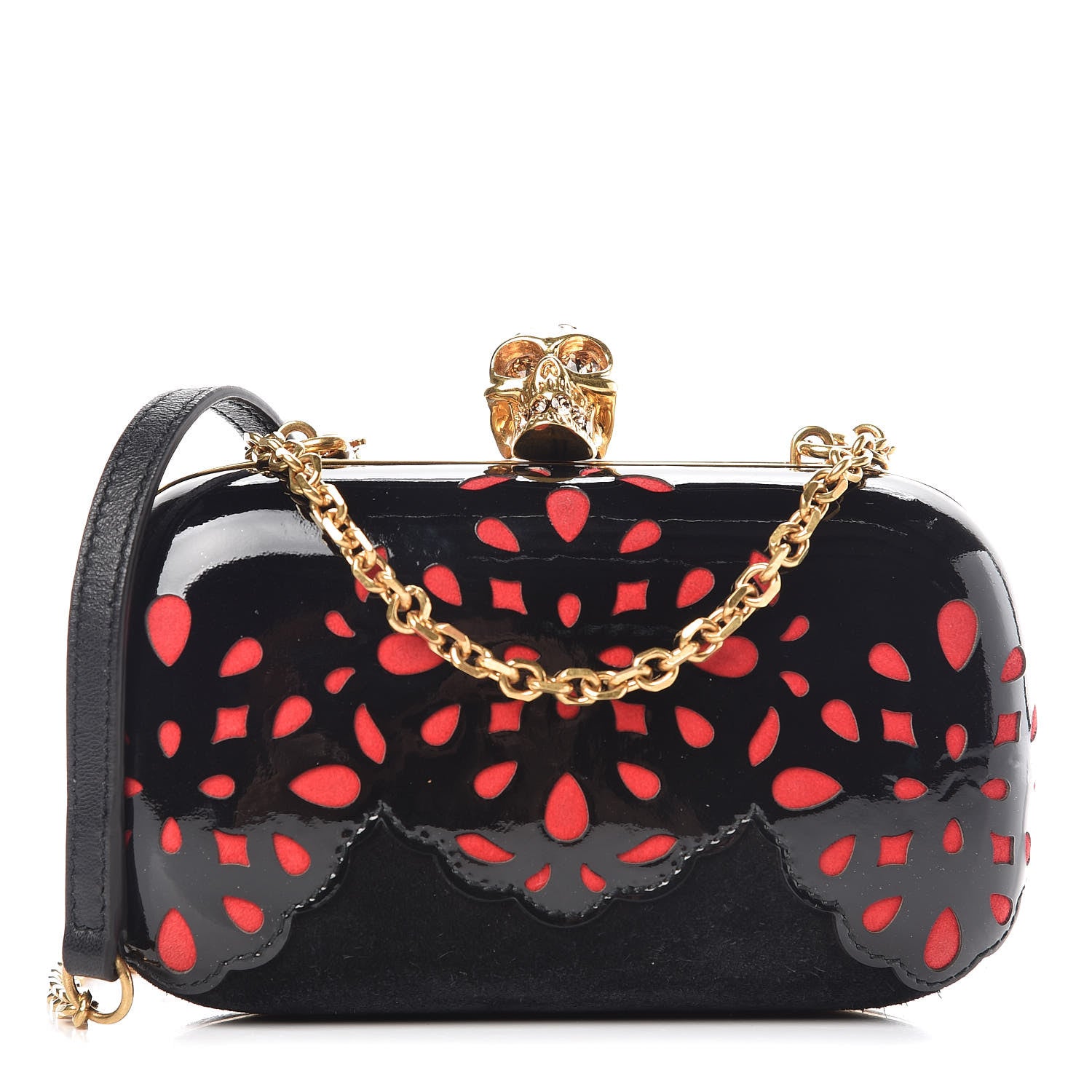 Alexander McQueen Patent Suede Skull Box Clutch Black Red 1 of 8